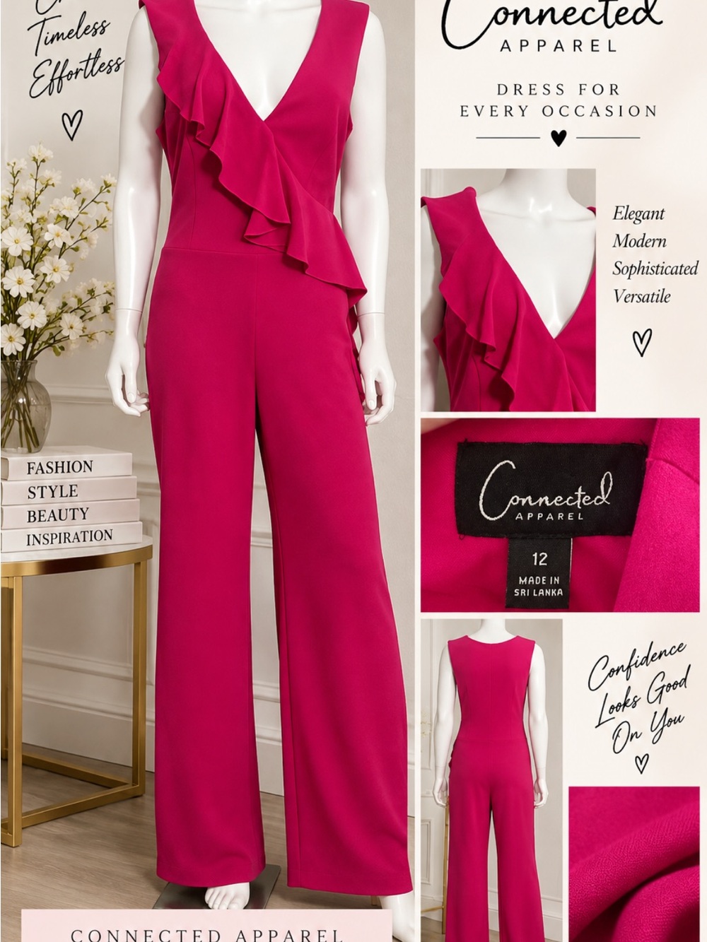 Connect es apparel Fuchsia Ruffle V-Neck Jumpsuit